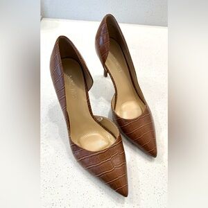 Nine West Cognac Croc-Embossed Pointed Toe Pumps - Size 7